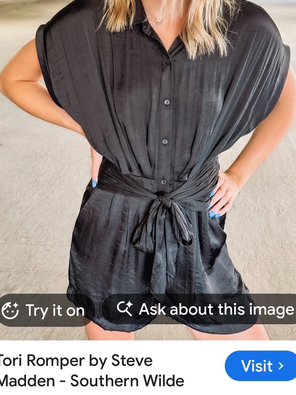 Steve Madden Black Satin Button-Front Tie-Waist Romper